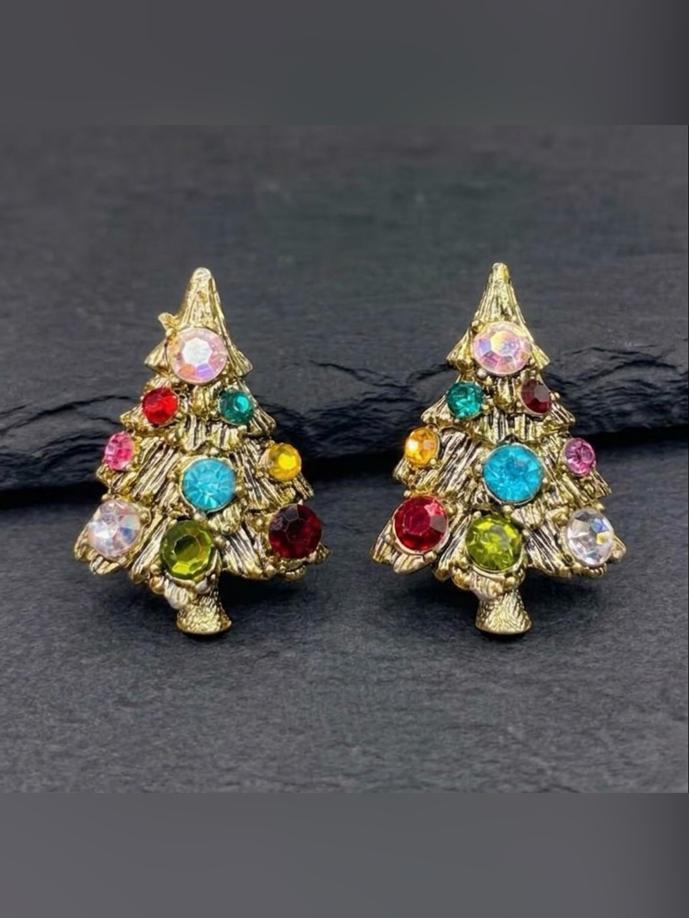 Vintage 50s Hollycraft Christmas Tree Multicolor Rhinestone Clip On Earrings